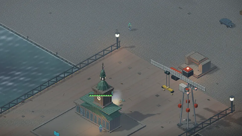 Aufnahme aus dem Spiel: Pegelturm mit Uhr und ein Portalkran auf dem Ponton im Nebel, daneben das Hafenbecken