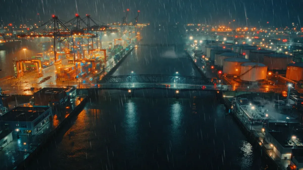 Südkai bei Nacht: Containerterminal und Fleet im Regen
