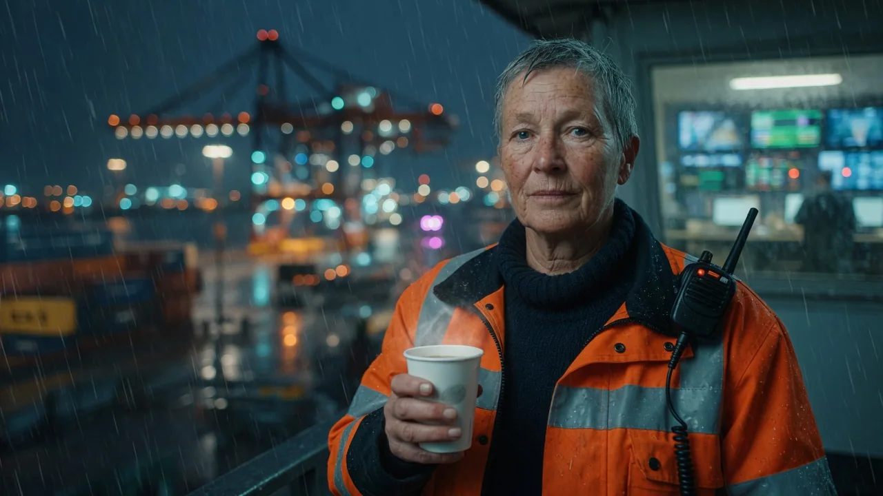 Hilke Brodersen im Regen vor den Kränen, einen Becher in der Hand, Funkgerät an der Schulter