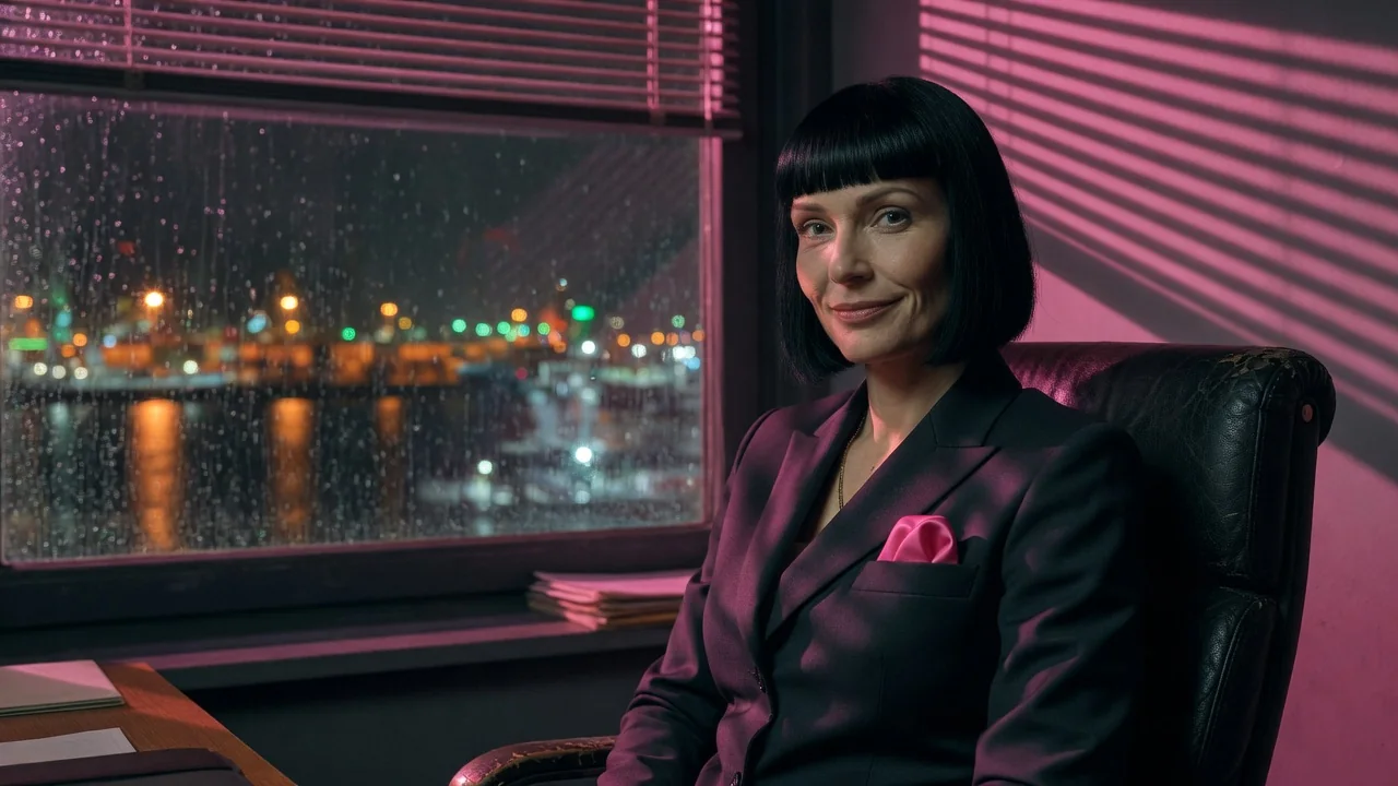 Valeska Roth im Sessel ihres Büros, hinter dem regennassen Fenster die Lichter des Hafens