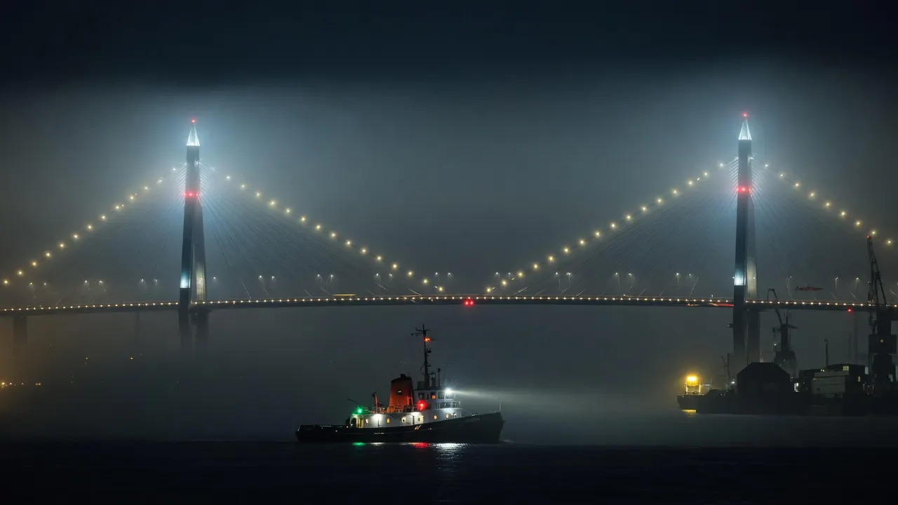 Köhlbrandbrücke im Elbnebel, ein Schlepper mit roten Positionslichtern im Vordergrund
