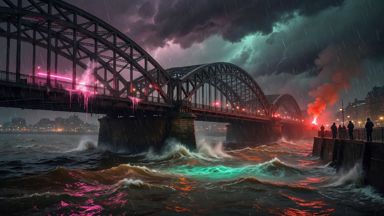 Stählerne Bogenbrücke über der aufgewühlten Elbe, Neonlicht und Signalrauch im Sturm