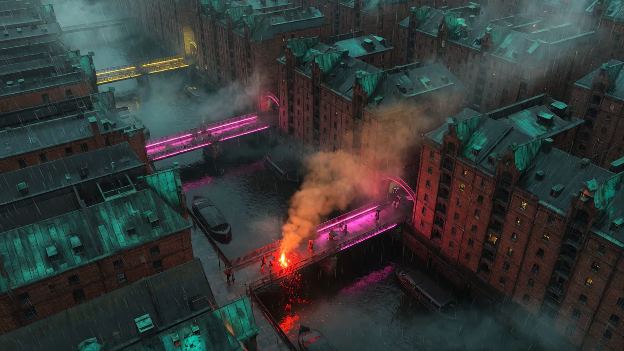 Speicherstadt bei Nacht: Backsteinspeicher, Fleet und eine Brücke im Nebel