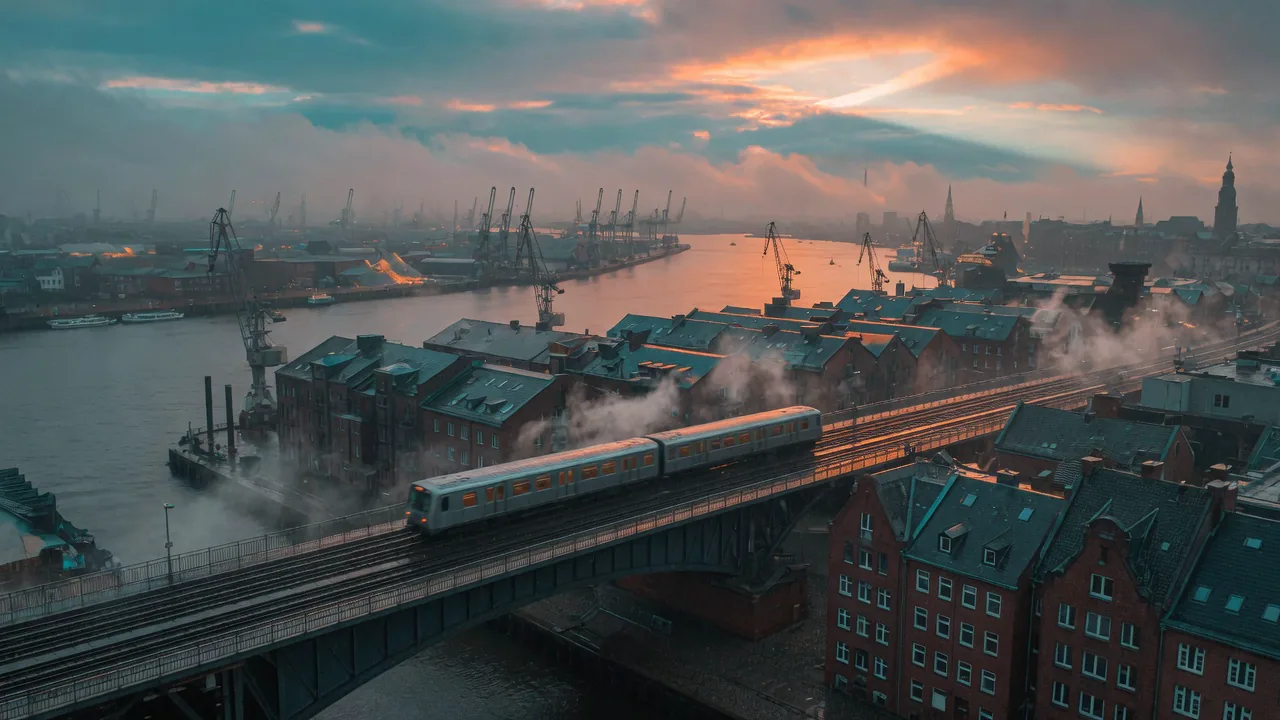 Morgengrauen über dem Hafen: eine S-Bahn fährt über die Brücke, Dampf über den Dächern, im Hintergrund Kräne und Türme